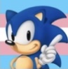 Sonic the Hedgehog in front of a trans pride flag